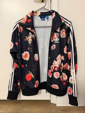 adidas Black Floral Varsity Track Jacket with Pink and Red Roses size L
